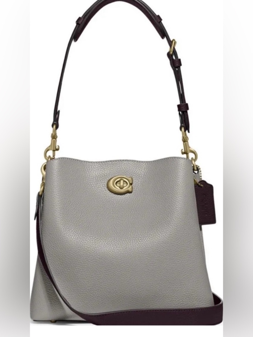 Coach Willow Pebbled Leather Shoulder Bag in Grey with Burgundy Trim
